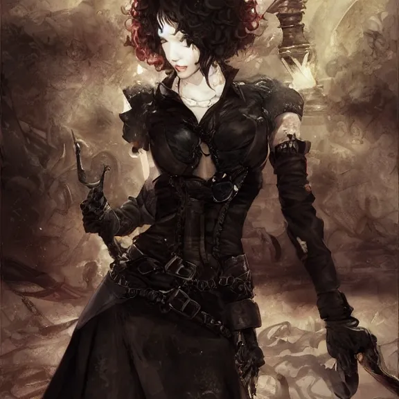 Image similar to christina hendricks!!!!! goth!!!!!, tankoban, 4 k, tone mapping, akihiko yoshida, james jean andrei riabovitchev marc simonetti, yoshitaka amano, long hair, curly, h. hydrochaeri