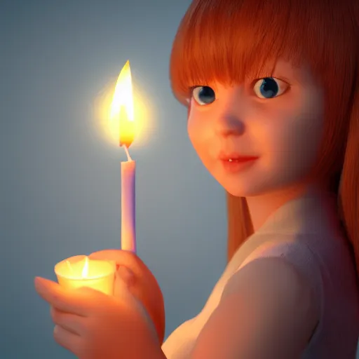 Image similar to A cute girl holding a glowing candle, fragile, soft, vray, Cimema 4D, 3d character, game character