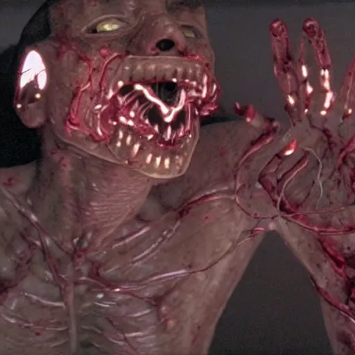 Image similar to scene from existenz, cinematic, a large box made out of human flesh, doom monster, electronic circuitry, skin, flesh!, blood, clumps of hair, lights, led, computer