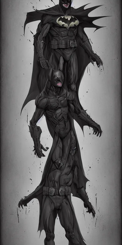 Prompt: A horror character concept based on batman, trending on artstation, digital art