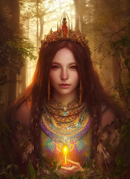 Prompt: Beautiful art portrait of a female fantasy priestess in a bright temple surrounded by lush forest, atmospheric lighting, intricate detail, cgsociety, hyperrealistic, octane render, RPG portrait, ambient light, dynamic lighting