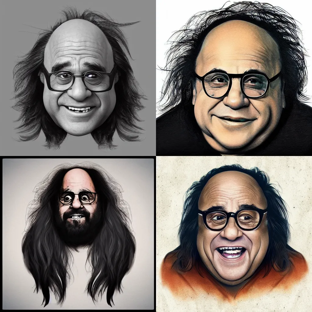 Prompt: danny devito with full head of hair, long flowing hair and long bangs by nick silva, trending on artstation, instagram, 4k