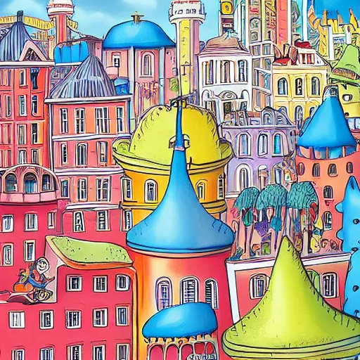 Image similar to fanciful city filled with curvy buildings, by dr seuss, oh the places you'll go, arches, platforms, towers, bridges, stairs, colorful kids book illustration