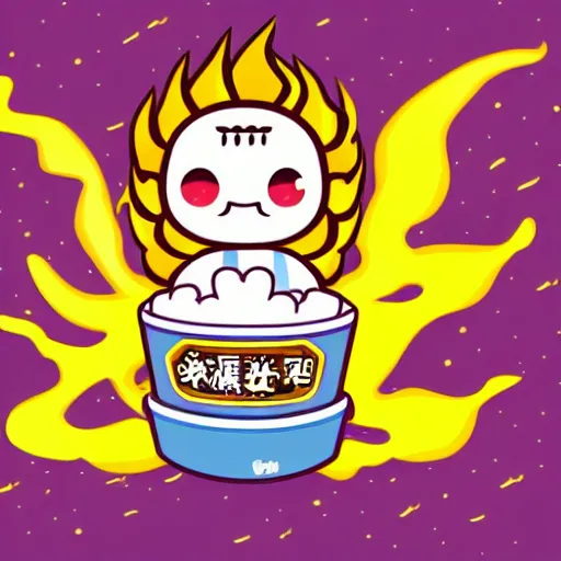 Image similar to kawaii wacky fluffy popcorn with lightning bolt power, yokai, in the style of a manga character, with a smiling face and flames for hair, sitting on a lotus flower, white background, simple, clean composition, symmetrical