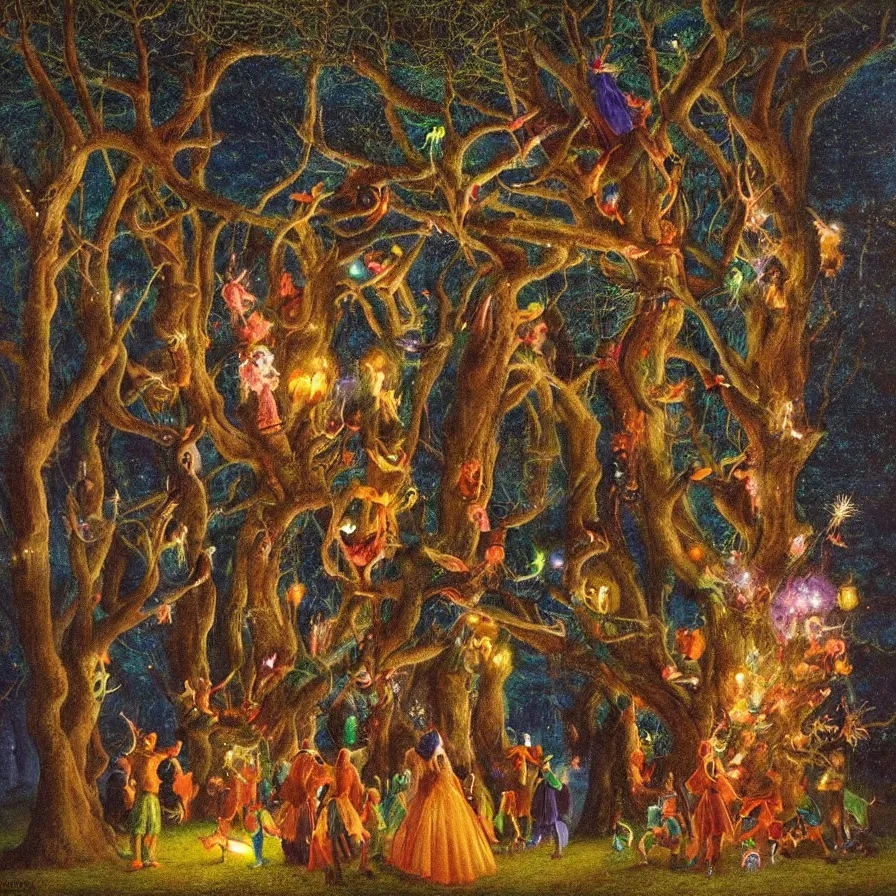 Prompt: a night carnival around a magical tree cavity, with a surreal orange moonlight and fireworks in the background, next to a big lake with iridiscent water, christmas lights, folklore animals and people disguised as fantastic creatures in a magical forest by summer night, masterpiece painted by edward robert hughes, dark night environment