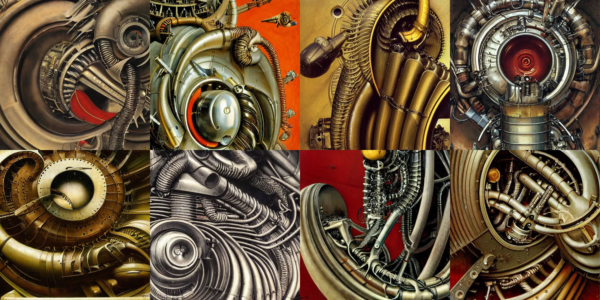 Prompt: closeup of jet turbine, biomechanical, mechanical by norman rockwell h.r giger, norman rockwell, giger, highly detailed, soft lighting, 8k resolution, oil on canvas