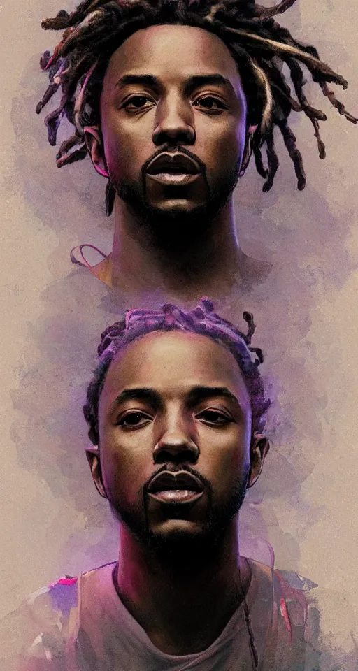 Image similar to portrait of kendrick lamar with dreads, staring directly into camera, intricate, elegant, glowing lights, highly detailed, digital painting, artstation, sharp focus, illustration, art by wlop, mars ravelo and greg rutkowski