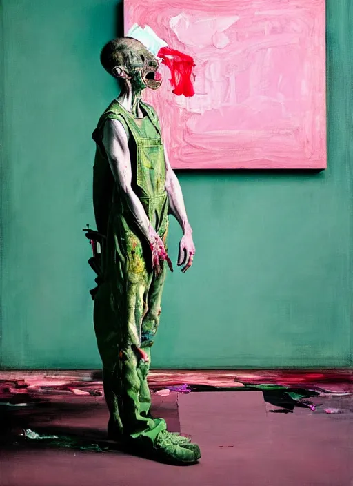 Prompt: an insane, skinny, artist wearing dirty, torn overalls, expressive painting the walls inside a grand messy studio, depth of field, hauntingly surreal, highly detailed painting by francis bacon, edward hopper, adrian ghenie, glenn brown, soft light 4 k in pink, green and blue colour palette, cinematic composition, masterpiece