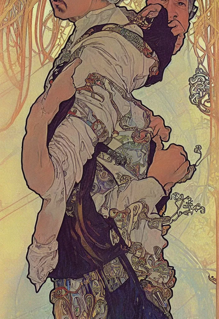 Image similar to realistic white - haired geoffrey hinton on a tarot card, tarot in art style by alphonse mucha