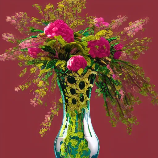 Image similar to beautiful amazing art of intricate flowers arrangement in vase, modern color, by art by alesso baldovinetti, trending on artstation, featured on behance, octane render, vector art, f 4, ultrawide, golden ratio, well composed, cohesive