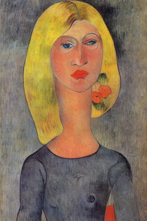 Image similar to blond hair woman with grey eyes and bob haircut drawn by paul gauguin