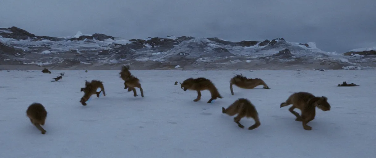 Prompt: filmic extreme wide shot movie still 4 k uhd interior 3 5 mm film color photograph of a bunch of creatures running around mcmurdo station in antartica at night