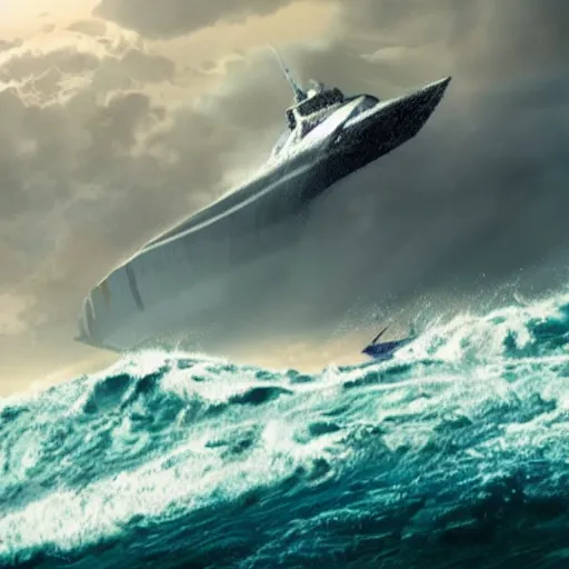 Image similar to the last man standing is hip deep in wild ocean waves while a spaceship arrives to save him