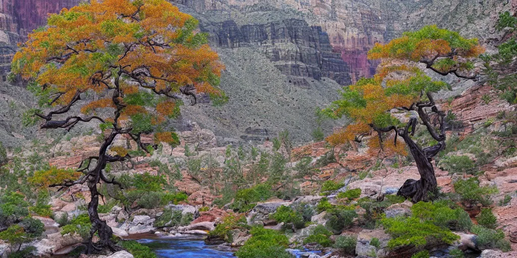 Prompt: single maple tree growing in grand canyon, stream, carr clifton, highly detailed, masterpiece