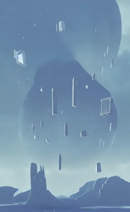 Image similar to hyperrealist painting of a giant flying cube inside a bubble from howl's moving castle ( 2 0 0 4 ) in a flooded monument valley stonehenge jungle. 1 9 7 0 s science fiction, moody, misty, depth perception, 4 k, artstation, in the style of studio ghibli