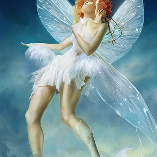 Prompt: a full body portrait a beautiful tooth fairy leaning over a bed, by Maxence and Ross Tran and Michael Whelan