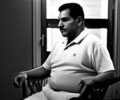 Prompt: image of a hispanic middle-aged man with wearing a polo shirt sitting on a chair in a room under an air conditioner with warm sun light coming in through the windows, 80mm