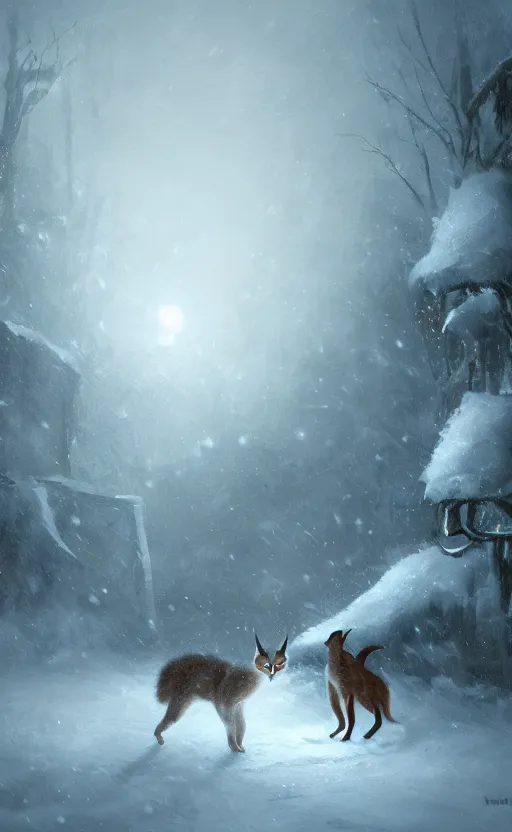 Image similar to cute fluffy caracal, a blurry ambient lantern in the distance of a snowy village at night, dynamic lighting, ambient lighting, atmospherical, photorealistic fantasy concept art, trending on art station, stunning visuals, creative, cinematic, ultra detailed