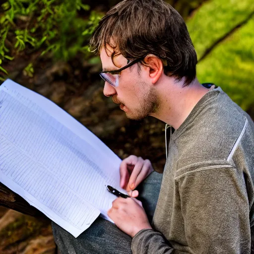 Image similar to Ethan Smith writing his next guide, (EOS 5DS R, ISO100, f/8, 1/125, 84mm, postprocessed, AI enhanced, facial features)