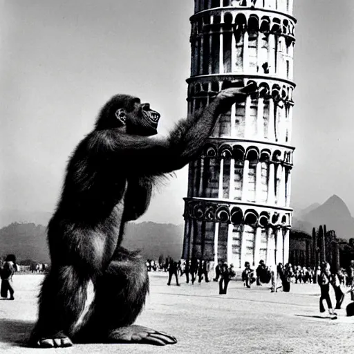 Image similar to king kong helps to straighten the tower of Pisa