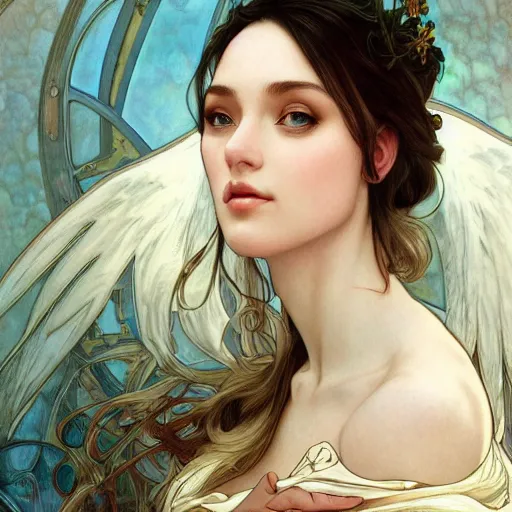 Image similar to a photograpic portrait of a pretty woman, angel, fantasy, intricate, elegant, highly detailed, digital painting, artstation, concept art, smooth, sharp focus, illustration, art by artgerm and h r giger and alphonse mucha