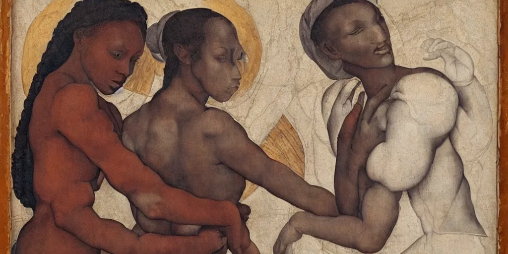 Image similar to Michelangelo painting of an African woman holding hands with a white woman