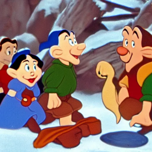 Prompt: close up of snow white and the 7 dwarfs, cinematographic shot, by walt disney cartoon