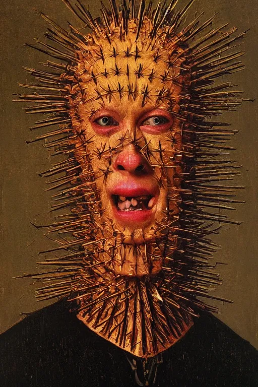 Image similar to portrait of pinhead hellraiser, oil painting by jan van eyck, northern renaissance art, oil on canvas, wet - on - wet technique, realistic, expressive emotions, intricate textures, illusionistic detail