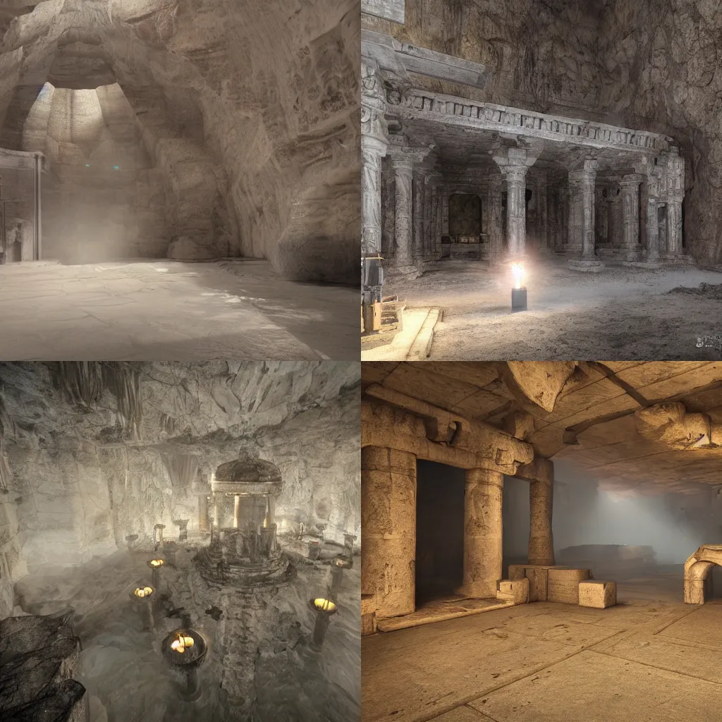 Prompt: underground temple, volumetric light from above, greek classic style, collumns, dark, horror, huge cave, torch lights, octane render, HDR, super detailed