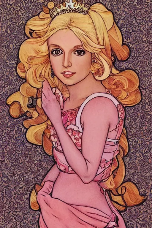 Prompt: britney spears as princess peach painted on wood!! by audrey kawasaki and mucha, blonde,, beautiful dress, long hair