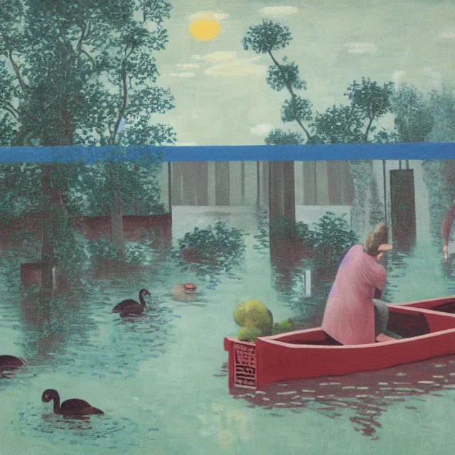 Image similar to painting of flood waters inside an art gallery, female emo art student, a river flooding indoors, pomegranates, pigs, ikebana, water, octopus, river, rapids, waterfall, black swans, canoe, berries, acrylic on canvas, surrealist, by magritte and monet