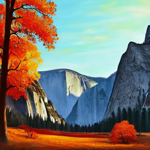 Prompt: painting of Yosemite on an autumn day, in the style of Mark Zuckerberg. Beautiful landscape, great lighting, very detailed, 8k, trending on art station