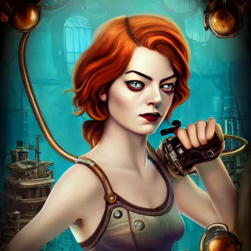 Image similar to lofi underwater bioshock steampunk pirate portrait of emma stone, pixar style, by tristan eaton stanley artgerm and tom bagshaw.