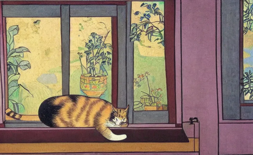 Image similar to sleeping cat on window, inside house in village, plants, divisionism and cloisonnism style