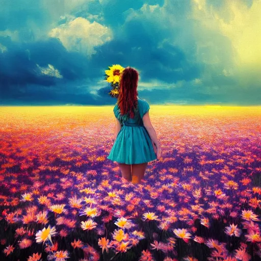 Image similar to girl with a full daisies head, surreal photography, flower field, sunset dramatic light, impressionist painting, colorful clouds, blue sky, digital painting, artstation, simon stalenhag