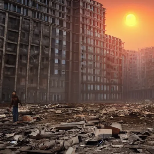 Image similar to man waking up to realize that the world is over and all that is left is ashes all around him. the reddish orange sun creates a gray haze that illuminates all the fallen buildings ultrarealistic 1 5 0 mpx