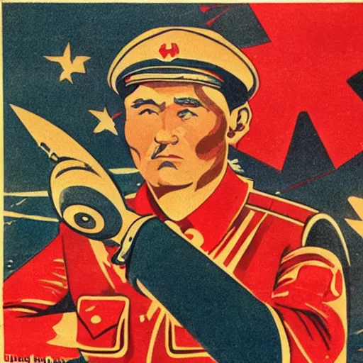 Image similar to soviet propaganda poster depicting a emue in military uniform