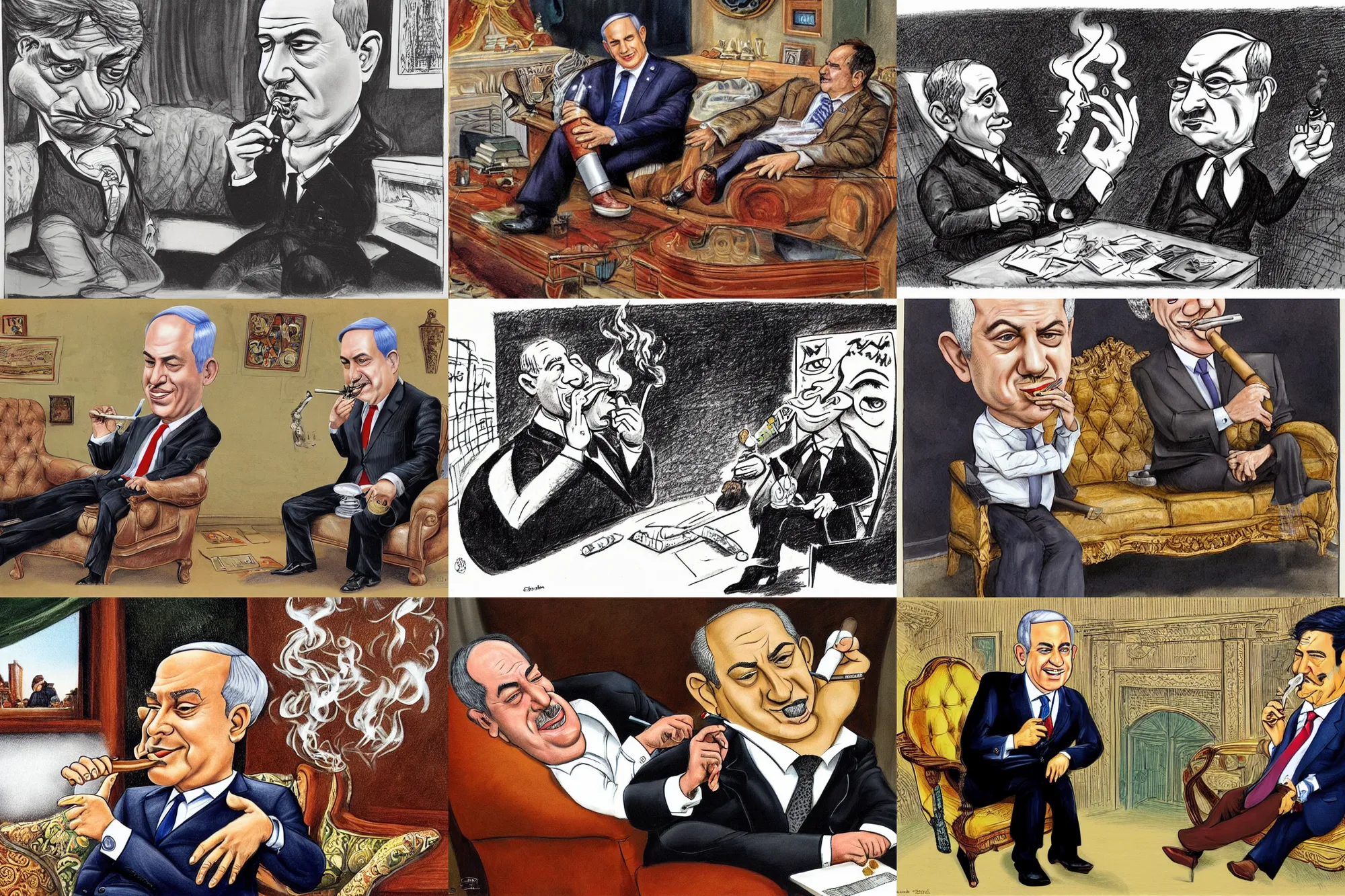 Prompt: a political caricature of netanyahu smoking a cigar while sitting on a beautiful sofa, highly detailed, masterpiece, by achille superbi, paddy boehm, tom richmond, alarcon caricaturista, drew struzan, gildhardho, soy fan de quino,