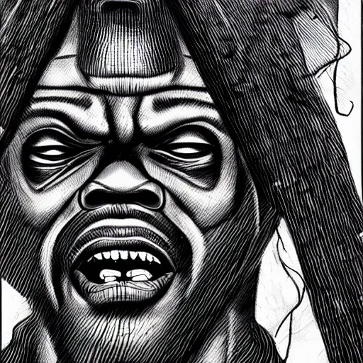 Image similar to samuel l jackson, hyper detailed, in the style of h. r. giger and junji ito and h. r. giger, selfie