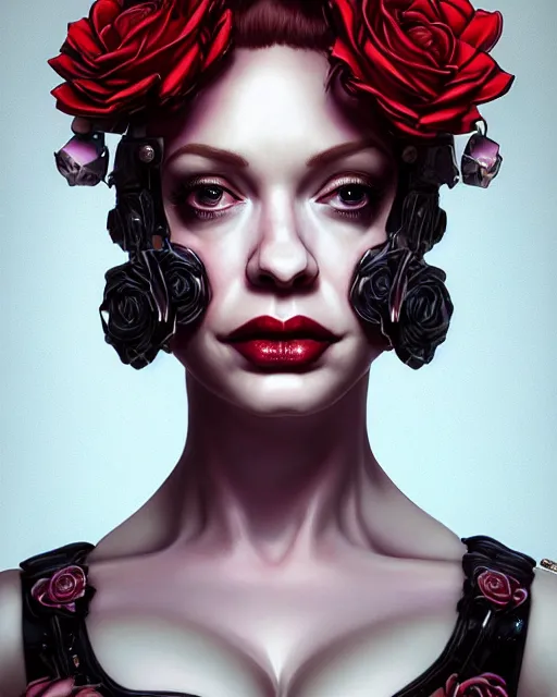 Prompt: portrait of christina hendricks with roses, baroque, cyberpunk cyborg. roses, sci - fi, intricate abstract upper body intricate artwork, by tooth wu, wlop, beeple, dan mumford. concept art, octane render, deviantart, greg rutkowski, cinematic arthouse, key art, hyper realism, iridescent accents