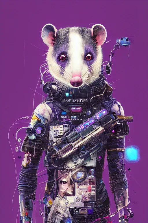 Image similar to a beautiful portrait of a cute cyberpunk opossum by sandra chevrier and greg rutkowski and wlop, purple blue color scheme, high key lighting, volumetric light, digital art, highly detailed, fine detail, intricate, ornate, complex, octane render, unreal engine, photorealistic