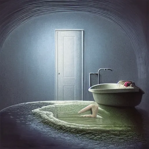 Image similar to a bathtub filled with liquid soup, art by beeple and beksinski