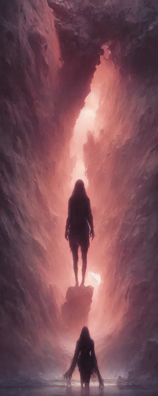 Image similar to she peers into the abyss and sees the abyss looking back at her, dramatic cinematic lighting, smooth, sharp details, intricate, sad and powerful painting by beksinski and ruan jia and greg rutkowski and android jones