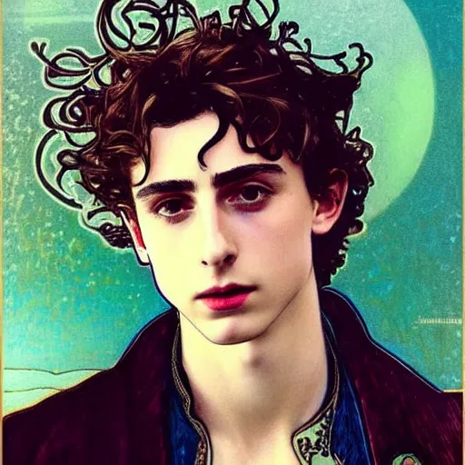 Image similar to timothee chalamet portrait by louis - theophile hingre and alphonse mucha, realistic, sharp focus, zodiac signs, tarot cards, planets, ethereal, art nouveau, magic, moon, sun, crown, dreamy, royal, jewellery