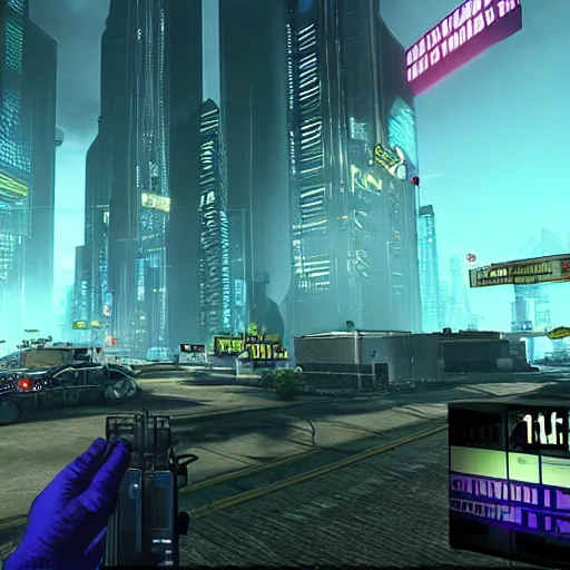 Image similar to Open world GTA-like cyberpunk game, futuristic city, HUD, screenshot, PlayStation 2