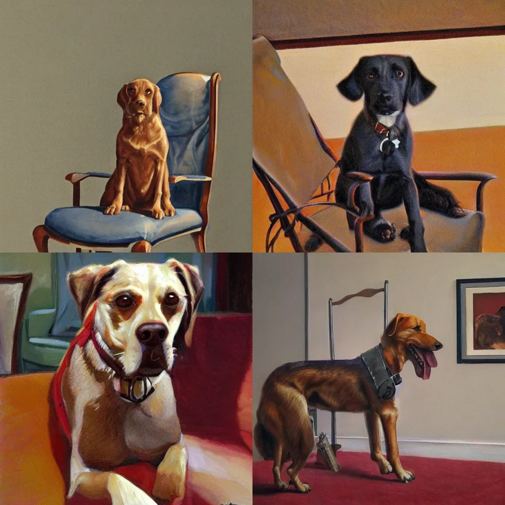 Prompt: dog sitting on chair by james gurney