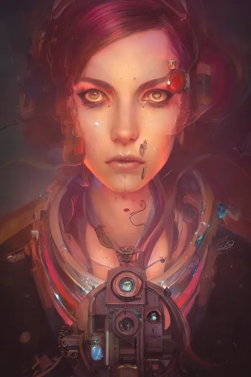 Image similar to portrait of a psychedelic steampunk girl with biotechnical parts and neon light by Artgerm and Greg Rutkowski , digital painting, highly detailed, trending on artstation