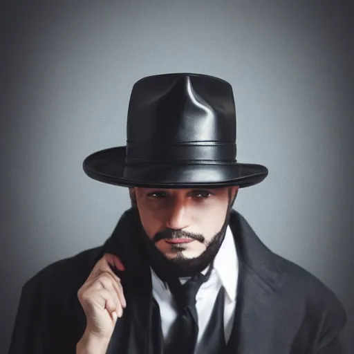 Image similar to a gentleman wearing a black leather hat, cinematic style, front view
