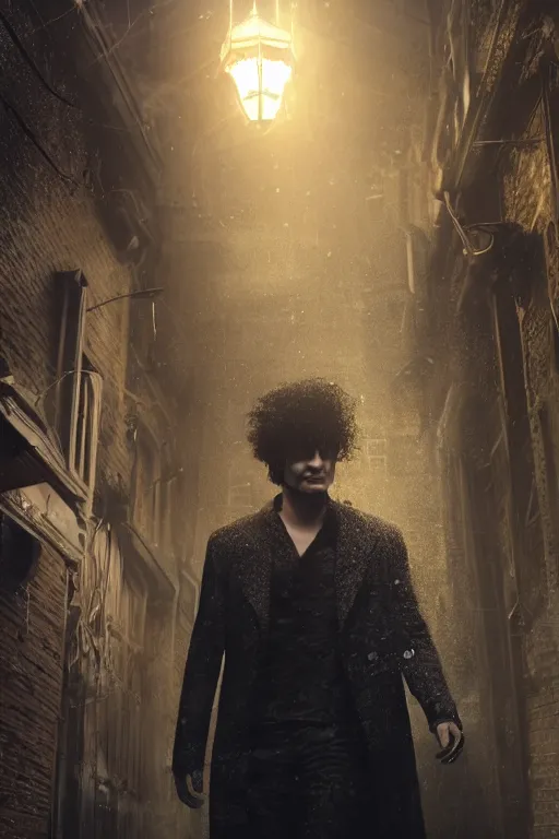 Image similar to a realistic photo of morpheus, the sandman by neil gaiman, pale face, spiky hair, swirling mist, intricate details and textures, mystical feeling, a dark and misty alley lit by gas lanterns, hyper realistic octane render, volumetric shading, depth of field, raytracing, 8 k,