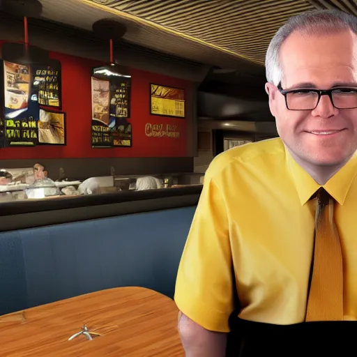 Image similar to 3 d render of scott morrison at a mcdonald's restaurant